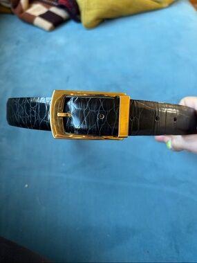 Joan & David Black Croc-Texture Leather Belt with Gold Buckle